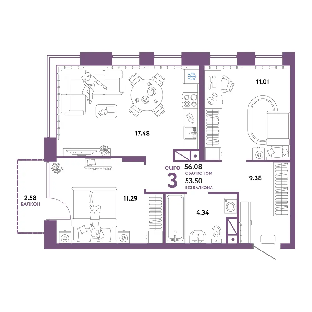 Планировка: Авторский 3-комнатная 56,08м²