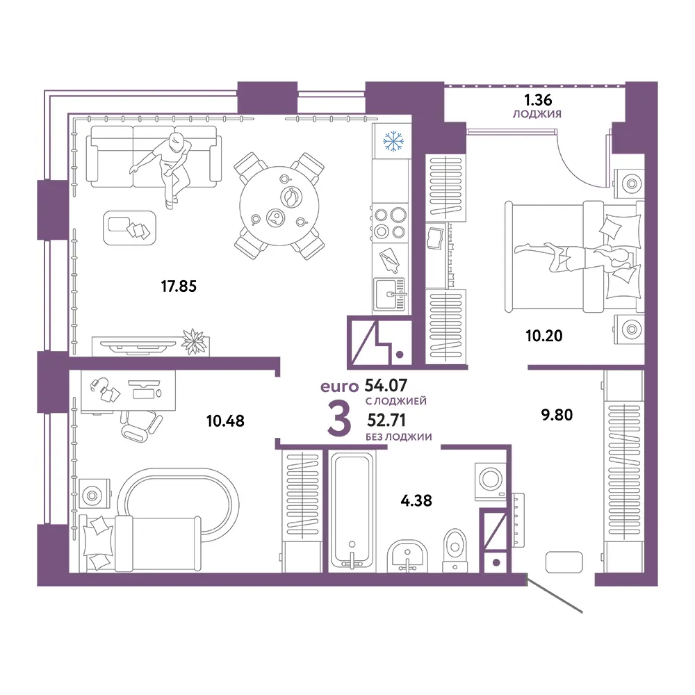 Планировка: Авторский 3-комнатная 54,07м²