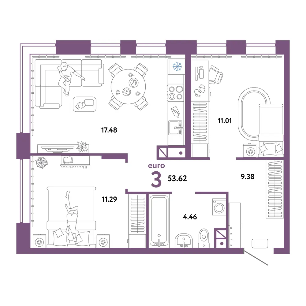 Планировка: Авторский 3-комнатная 53,62м²