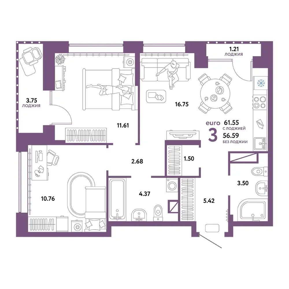 Планировка: Авторский 3-комнатная 61,55м²