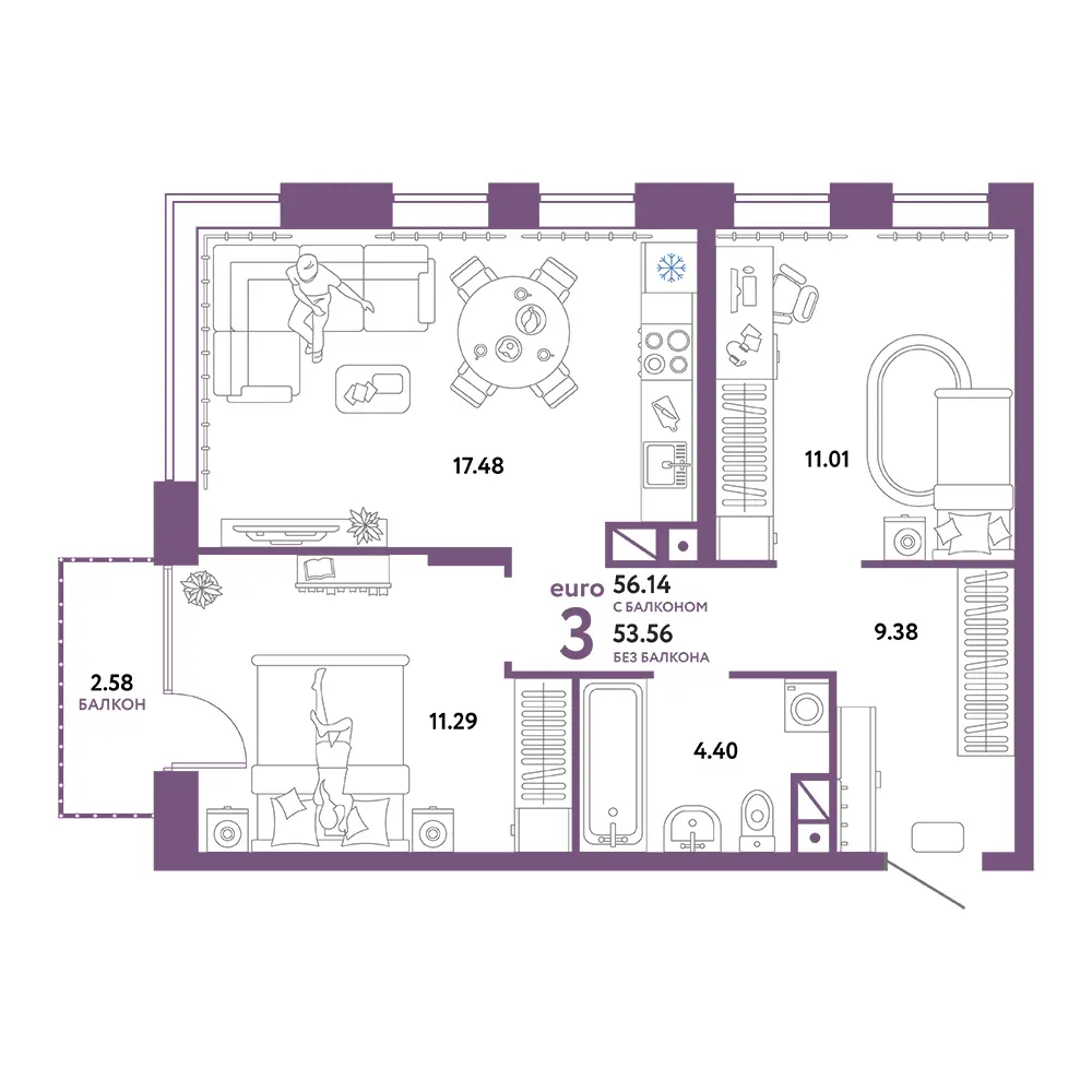 Планировка: Авторский 3-комнатная 56,14м²