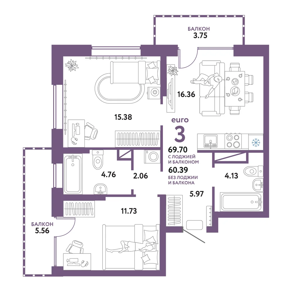 Планировка: Авторский 3-комнатная 69,70м²
