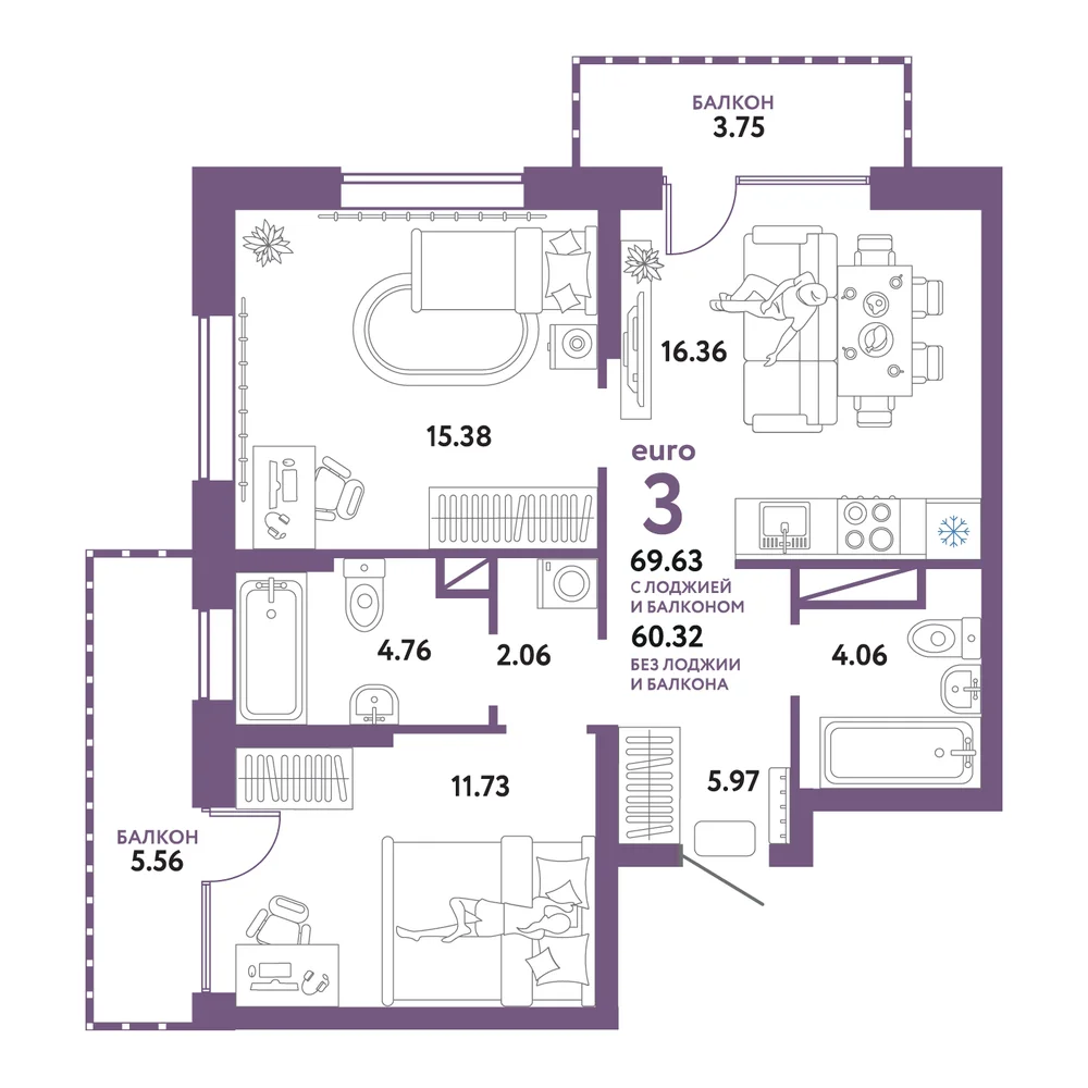 Планировка: Авторский 3-комнатная 69,63м²