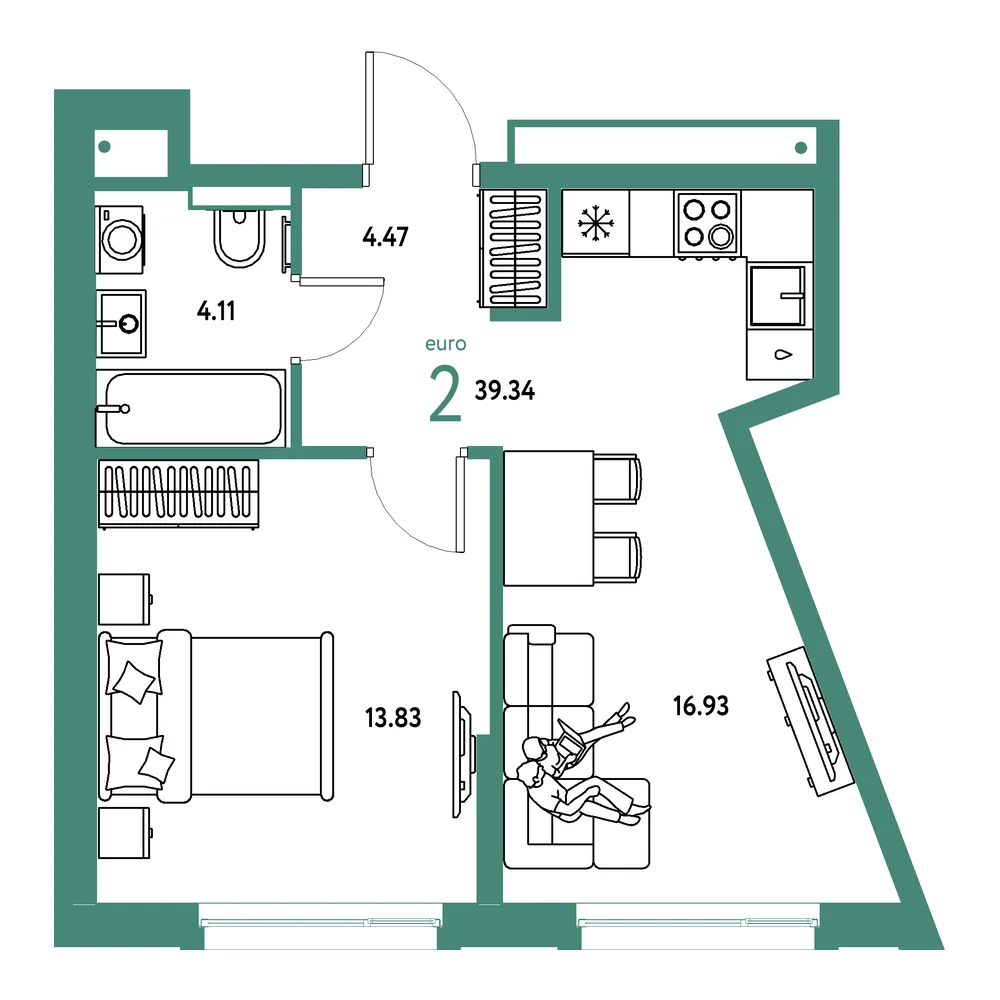 Планировка: Авторский 2-комнатная 39,34м²