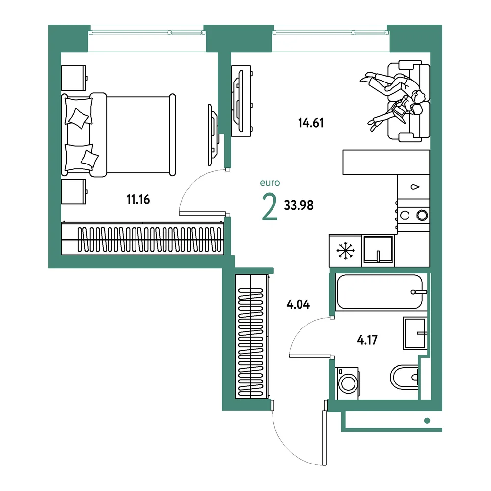Планировка: Авторский 2-комнатная 33,98м²