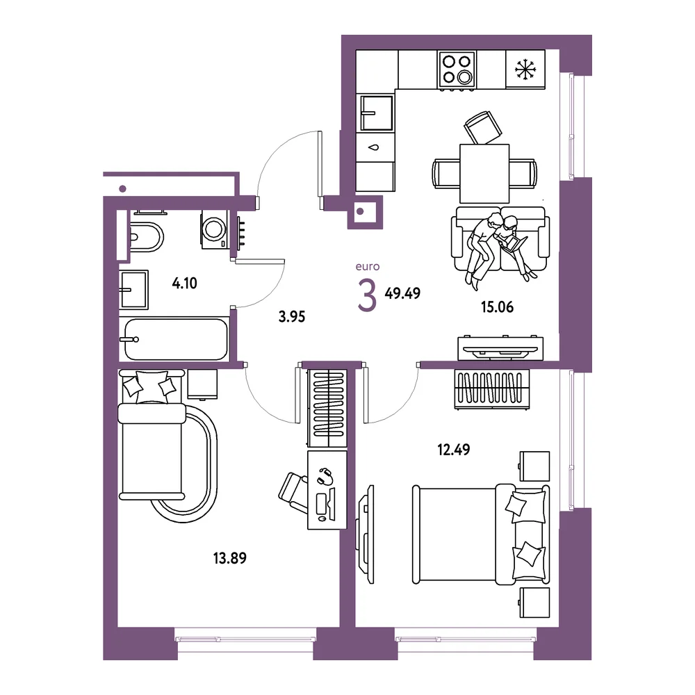Планировка: Авторский 3-комнатная 49,49м²