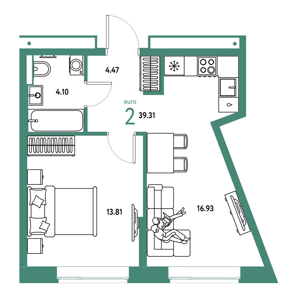 Планировка: Авторский 2-комнатная 39,31м²