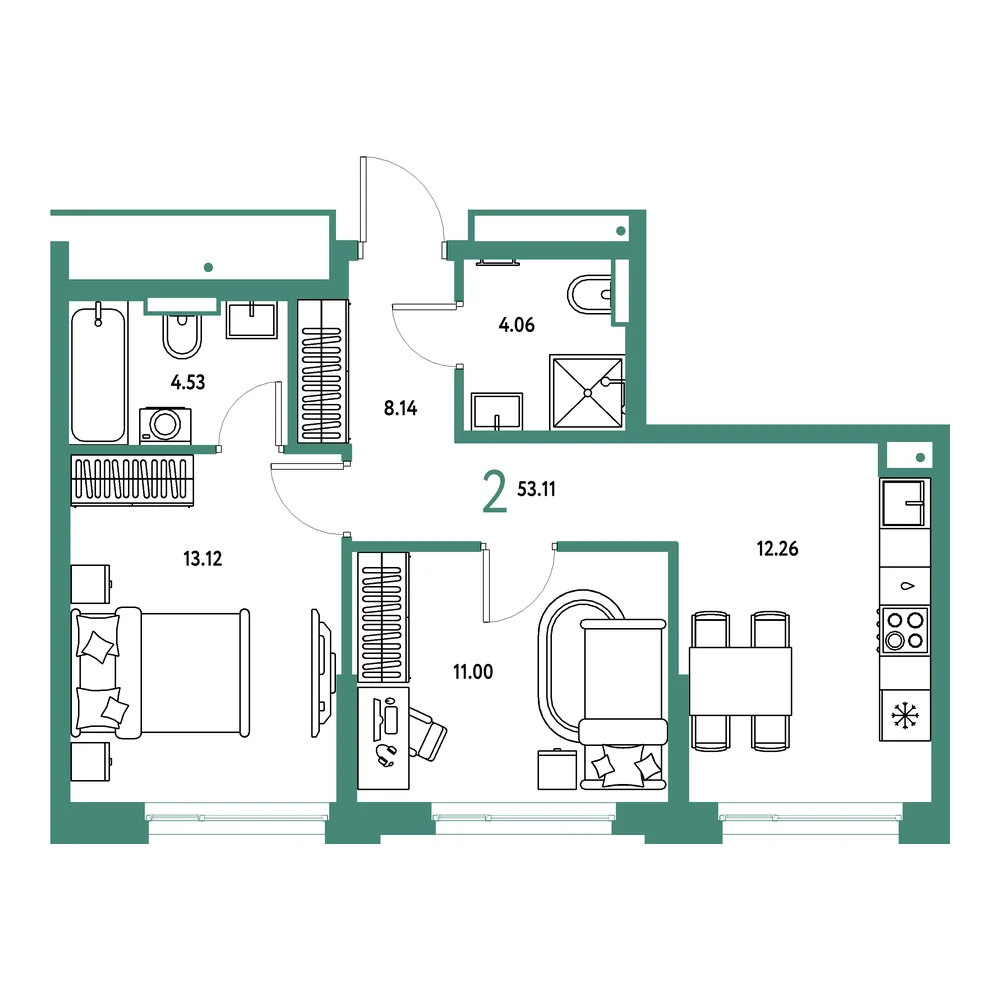 Планировка: Авторский 2-комнатная 53,11м²