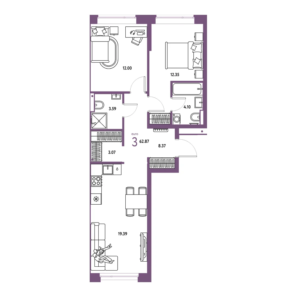 Планировка: Авторский 3-комнатная 62,87м²