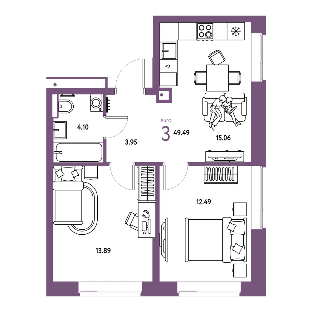 Планировка: Авторский 3-комнатная 49,49м²