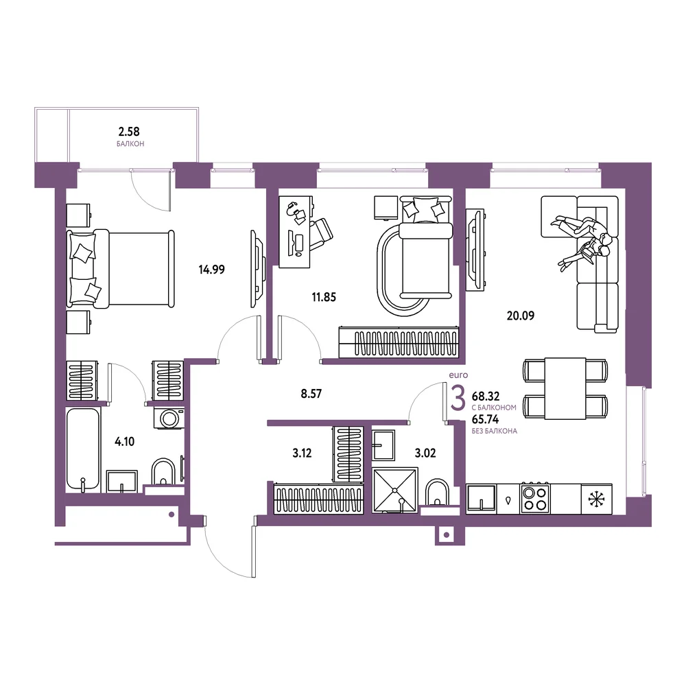 Планировка: Авторский 3-комнатная 68,32м²