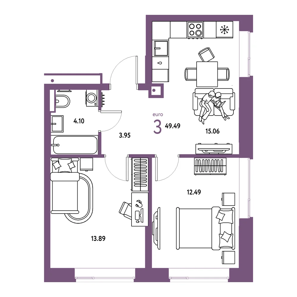 Планировка: Авторский 3-комнатная 49,49м²