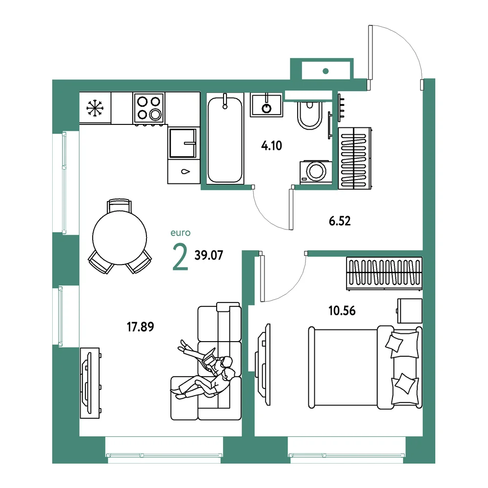 Планировка: Авторский 2-комнатная 39,07м²