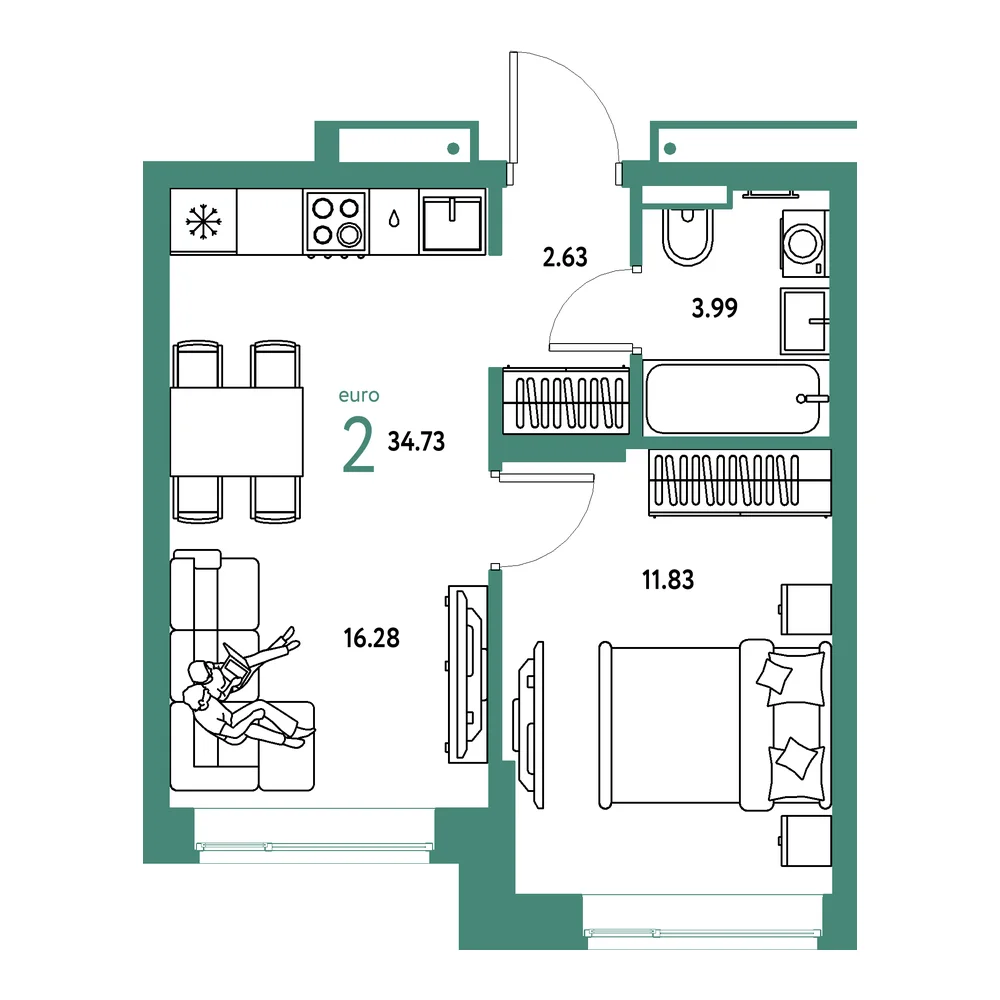 Планировка: Авторский 2-комнатная 34,73м²
