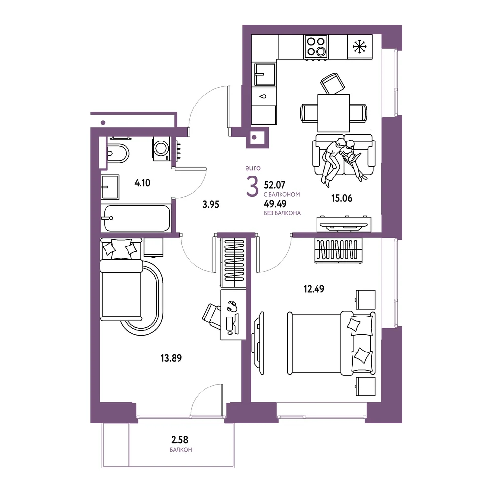 Планировка: Авторский 3-комнатная 52,07м²