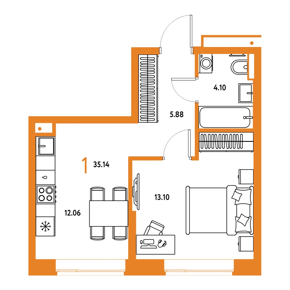 Планировка: Авторский 1-комнатная 35,14м²