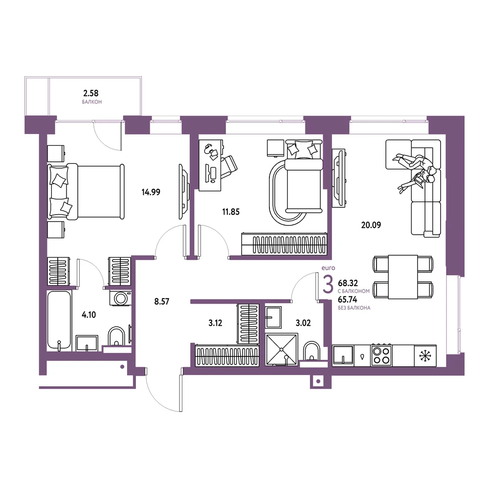 Планировка: Авторский 3-комнатная 68,32м²