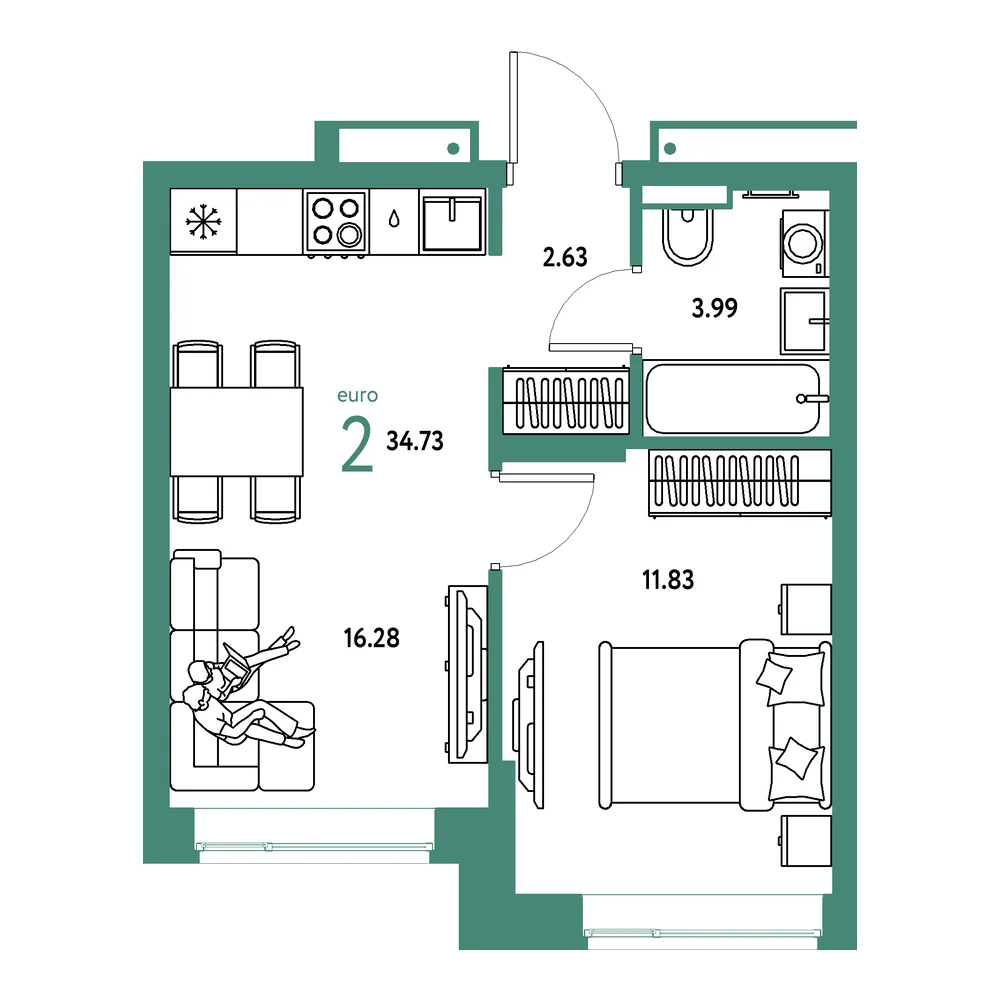 Планировка: Авторский 2-комнатная 34,73м²