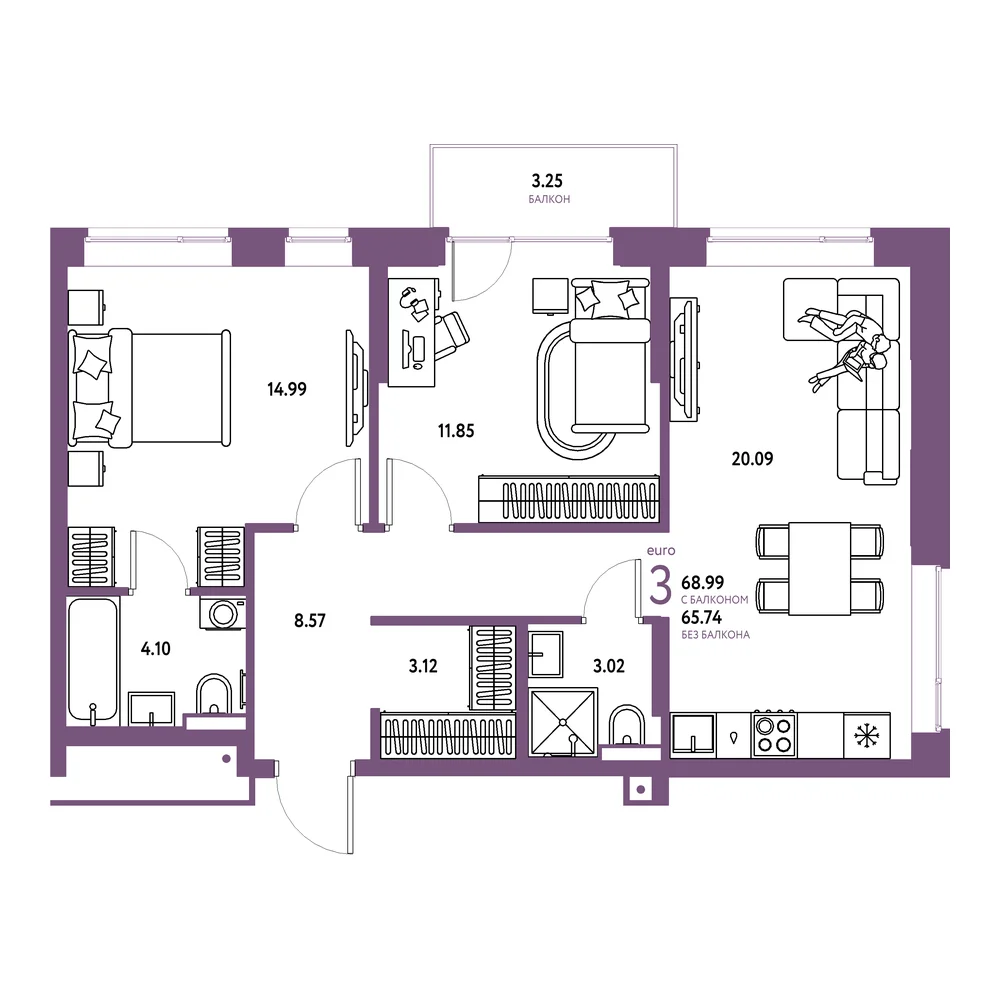 Планировка: Авторский 3-комнатная 68,99м²