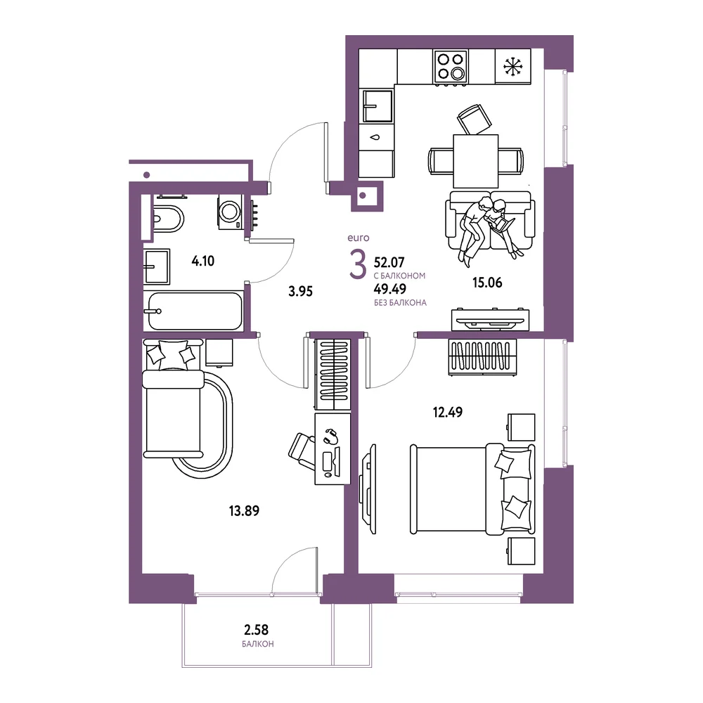 Планировка: Авторский 3-комнатная 52,07м²