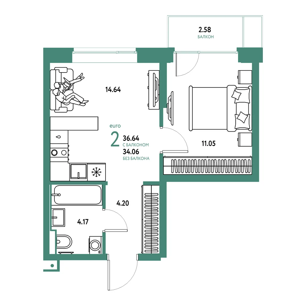 Планировка: Авторский 2-комнатная 36,64м²