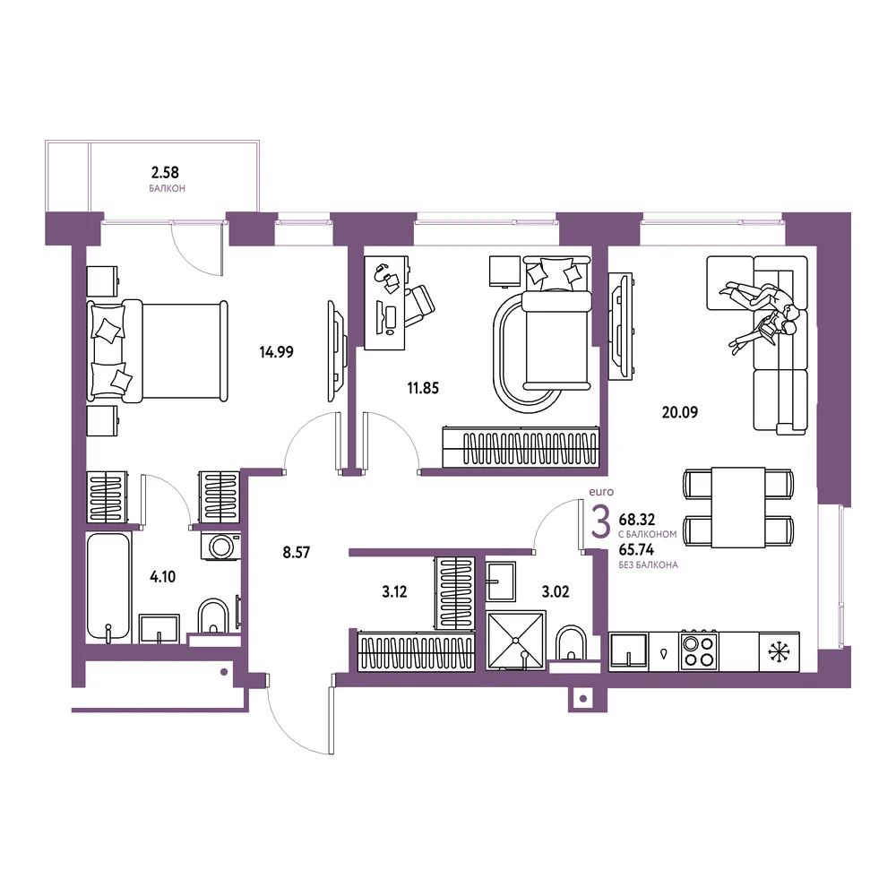 Планировка: Авторский 3-комнатная 68,32м²