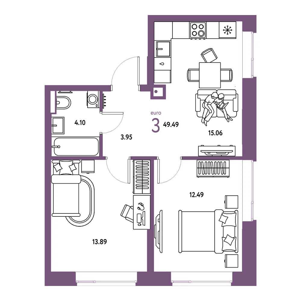 Планировка: Авторский 3-комнатная 49,49м²