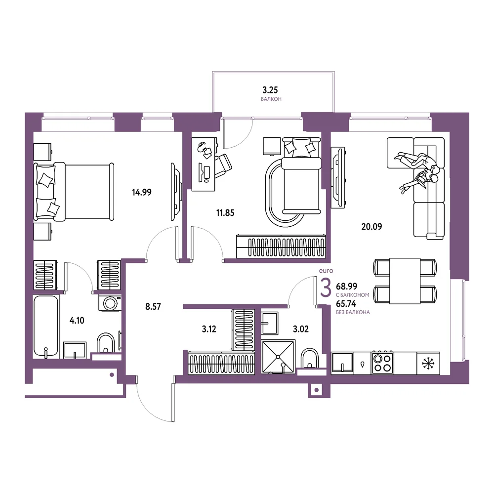 Планировка: Авторский 3-комнатная 68,99м²