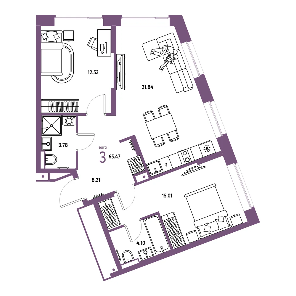 Планировка: Авторский 3-комнатная 65,47м²