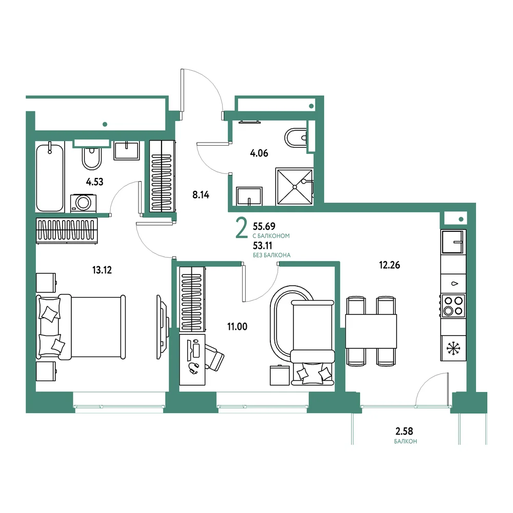 Планировка: Авторский 2-комнатная 55,69м²