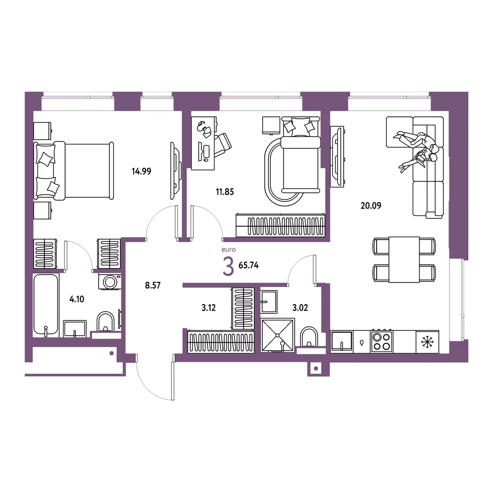 Планировка: Авторский 3-комнатная 65,74м²