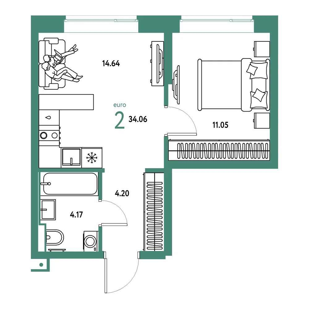 Планировка: Авторский 2-комнатная 34,06м²