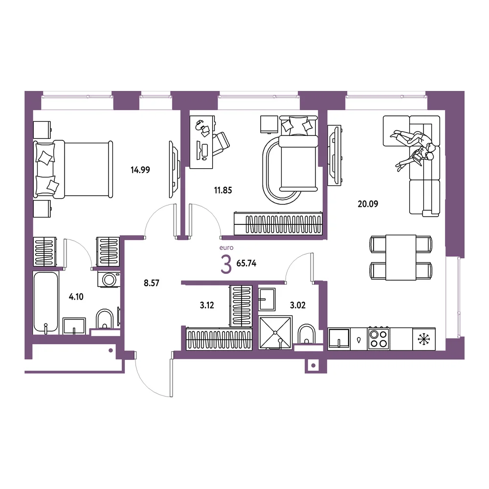 Планировка: Авторский 3-комнатная 65,74м²