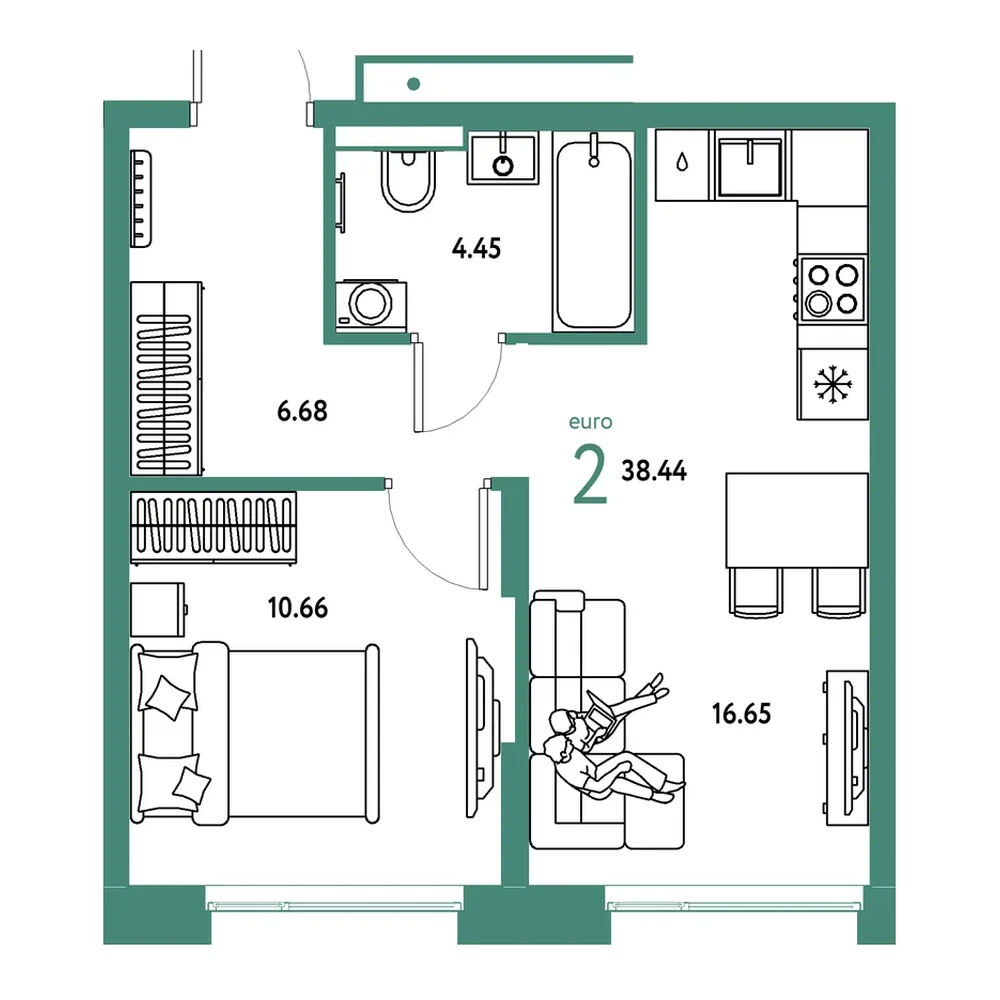 Планировка: Авторский 2-комнатная 38,44м²