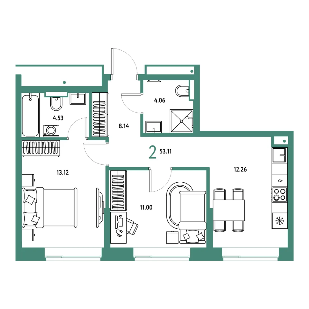Планировка: Авторский 2-комнатная 53,11м²