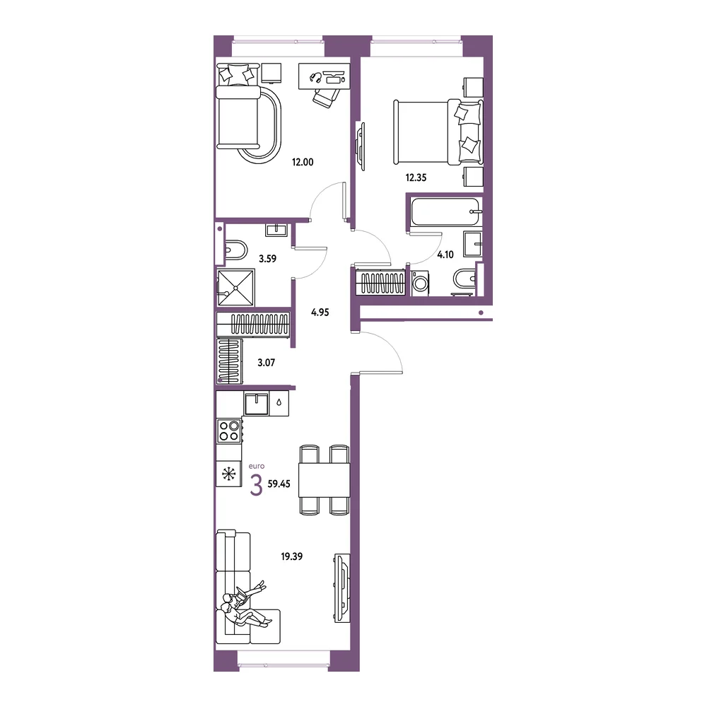 Планировка: Авторский 3-комнатная 59,45м²