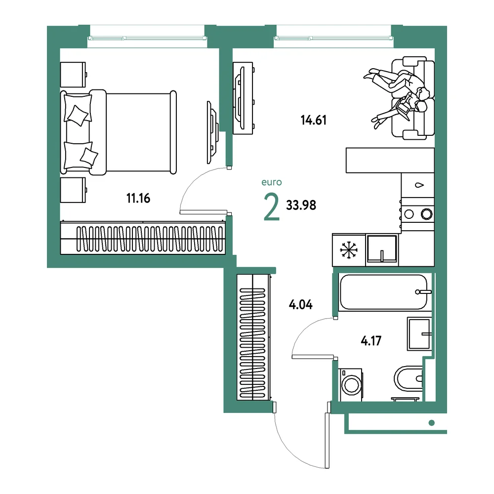 Планировка: Авторский 2-комнатная 33,98м²
