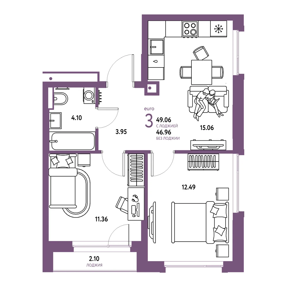 Планировка: Авторский 3-комнатная 49,06м²