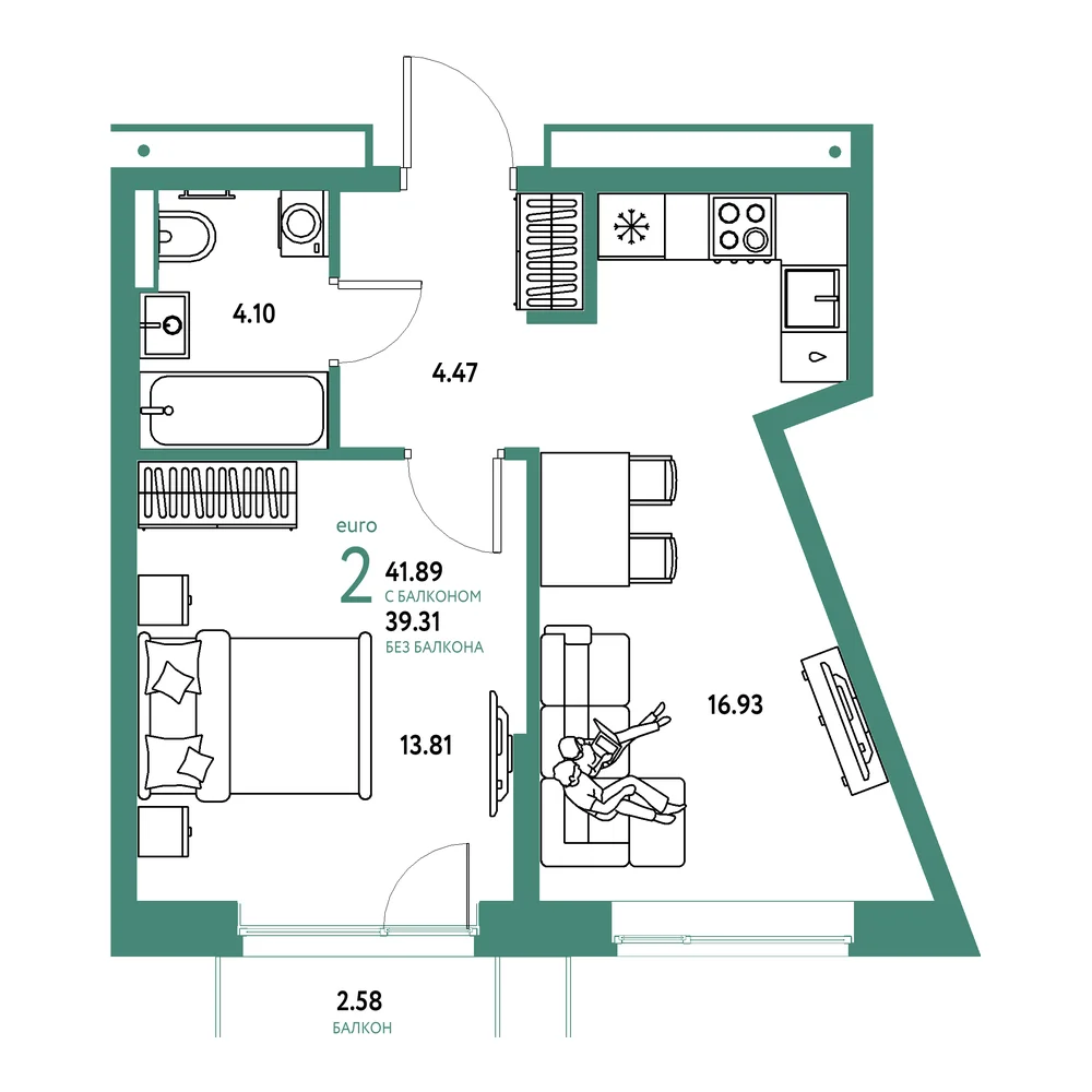 Планировка: Авторский 2-комнатная 41,89м²