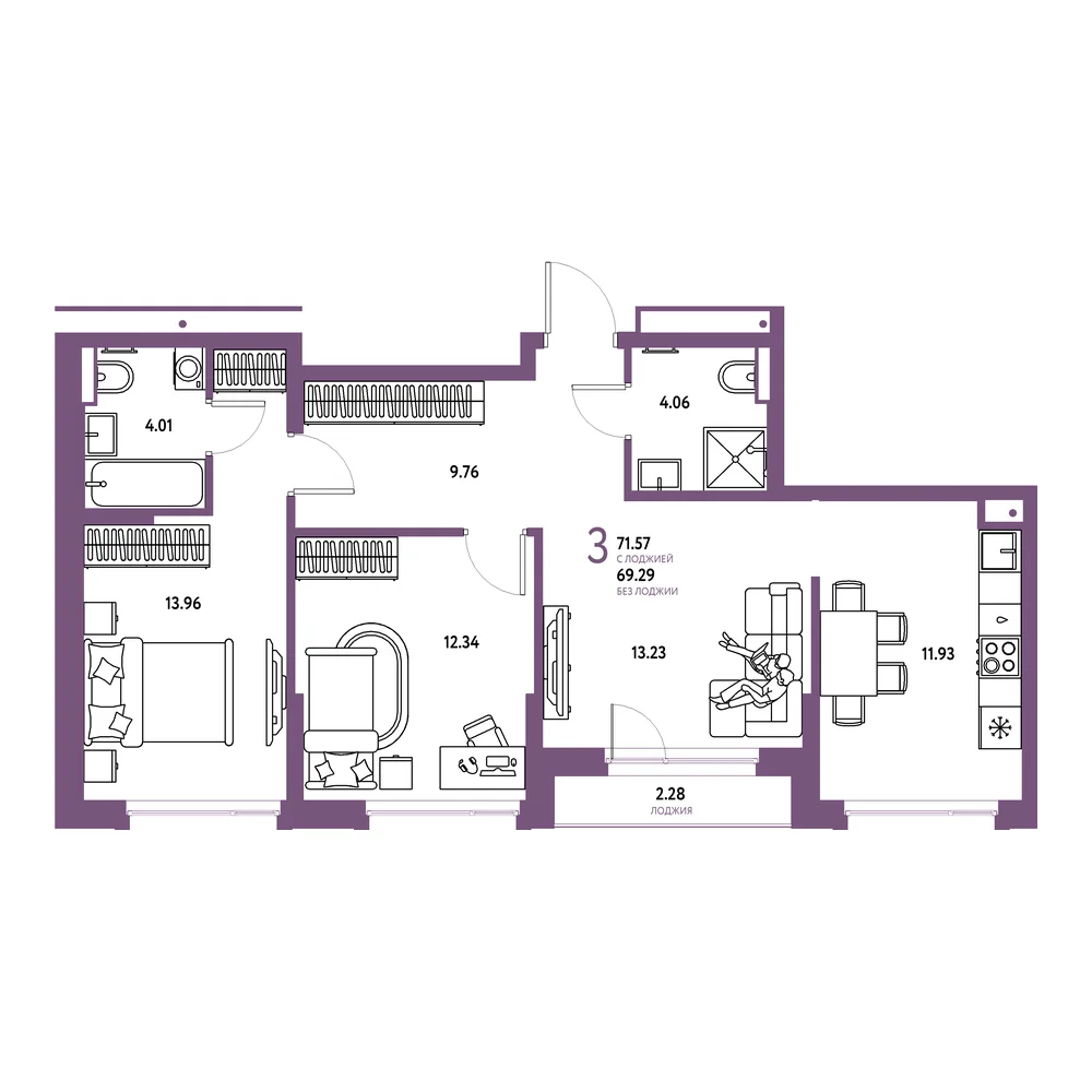 Планировка: Авторский 3-комнатная 71,57м²