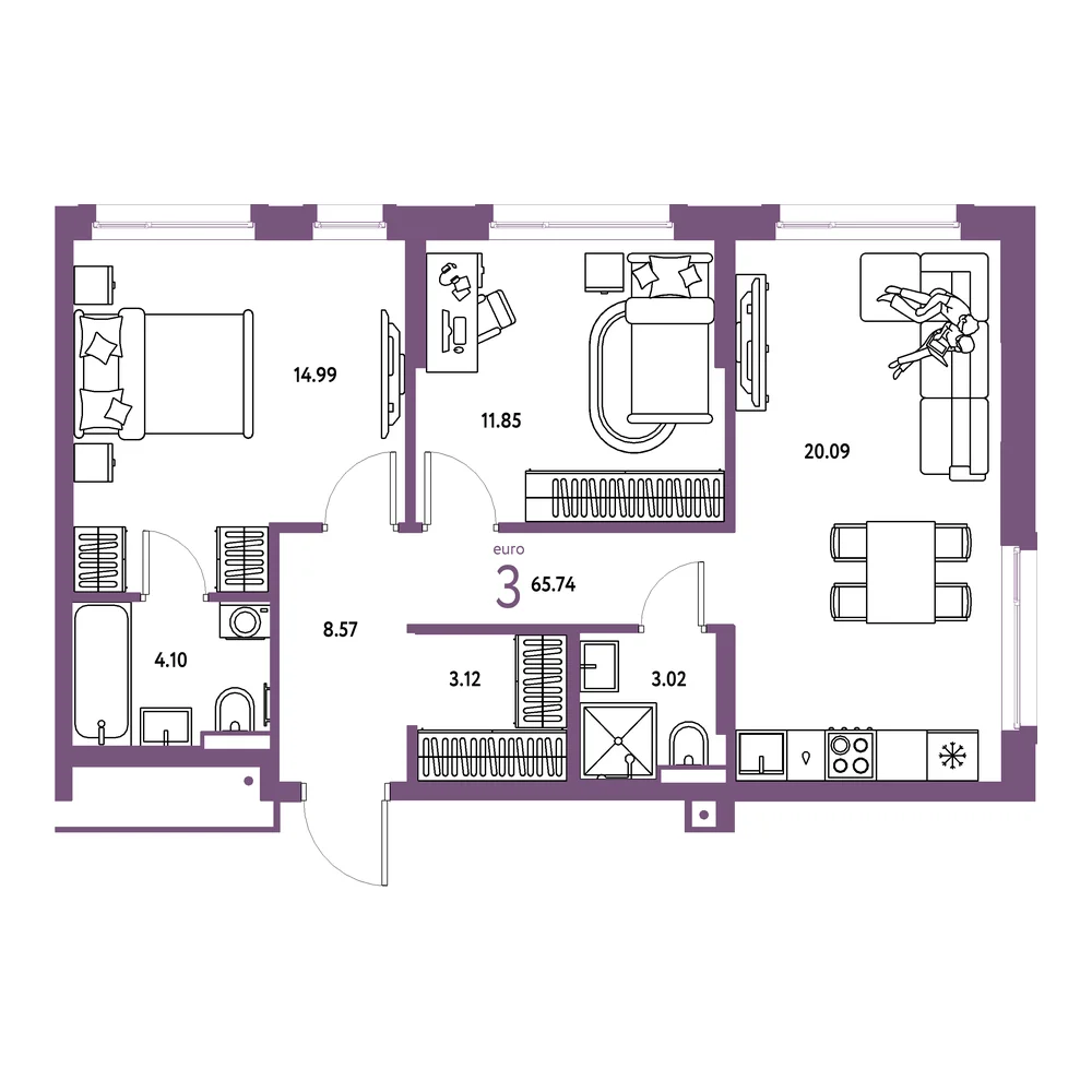 Планировка: Авторский 3-комнатная 65,74м²