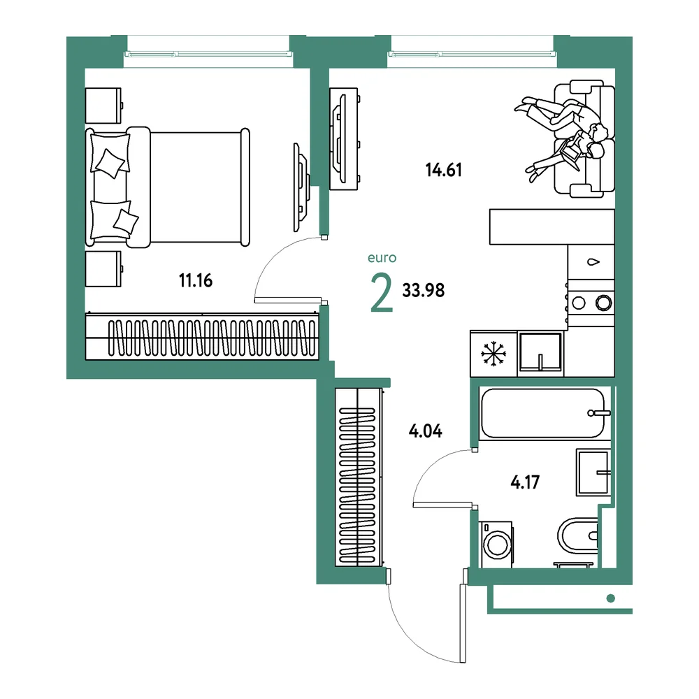 Планировка: Авторский 2-комнатная 33,98м²