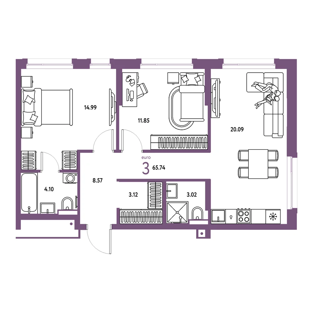 Планировка: Авторский 3-комнатная 65,74м²