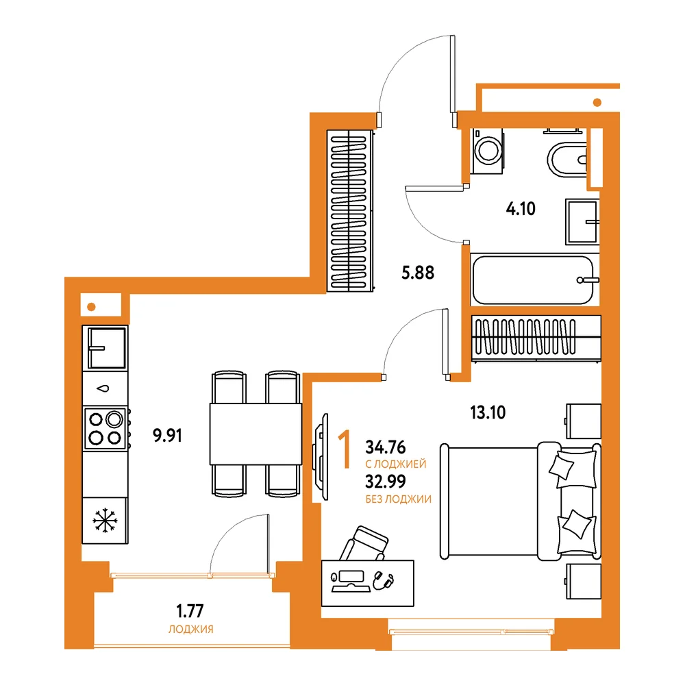 Планировка: Авторский 1-комнатная 34,76м²