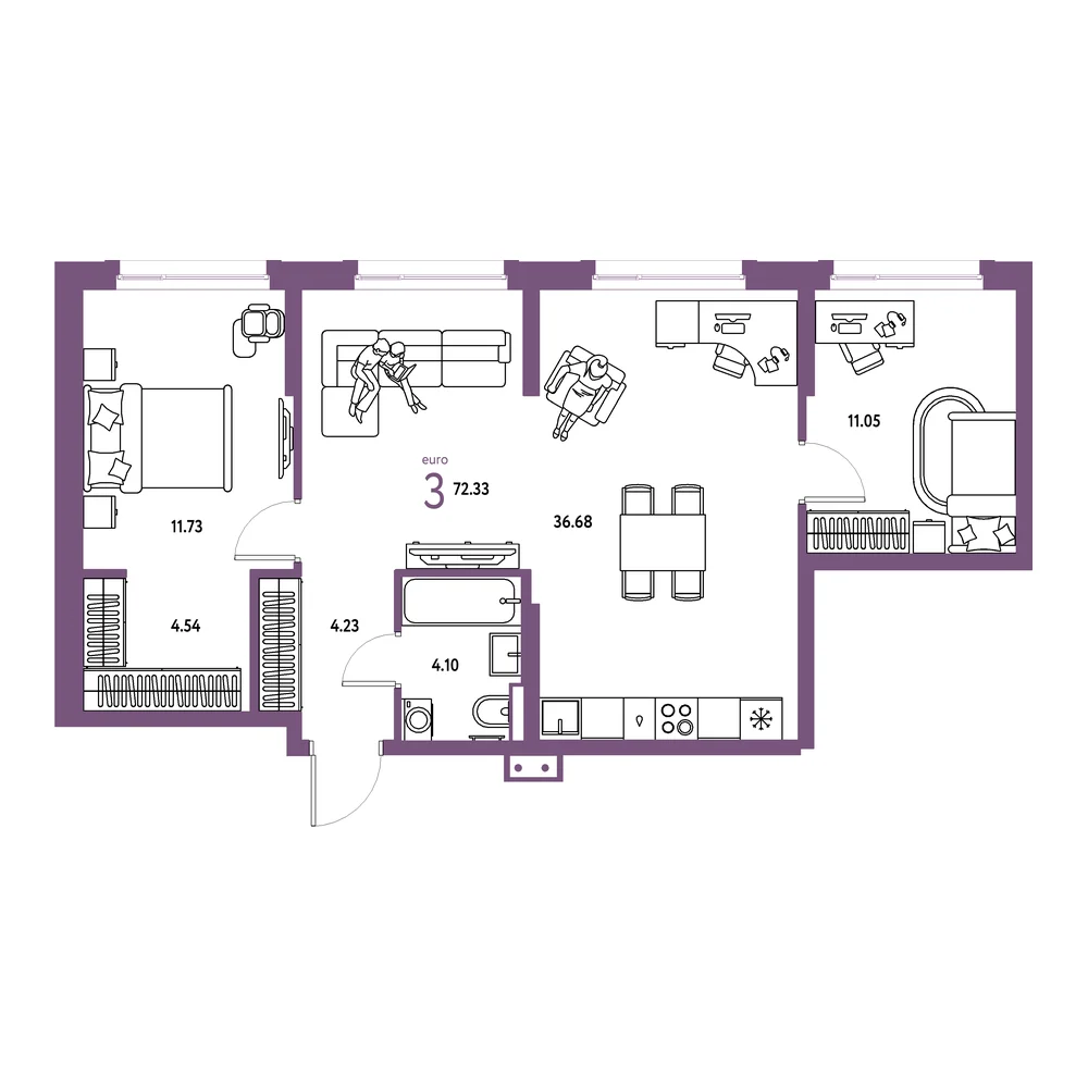 Планировка: Авторский 3-комнатная 72,33м²