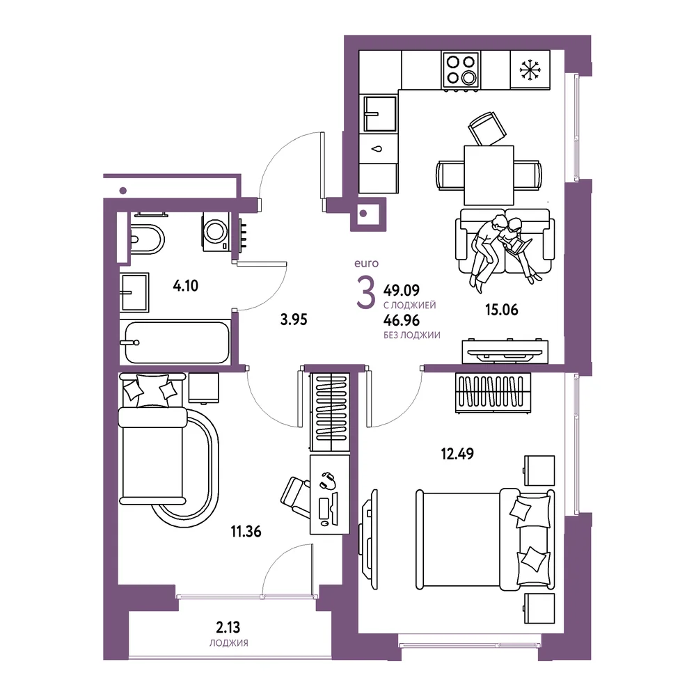Планировка: Авторский 3-комнатная 49,09м²