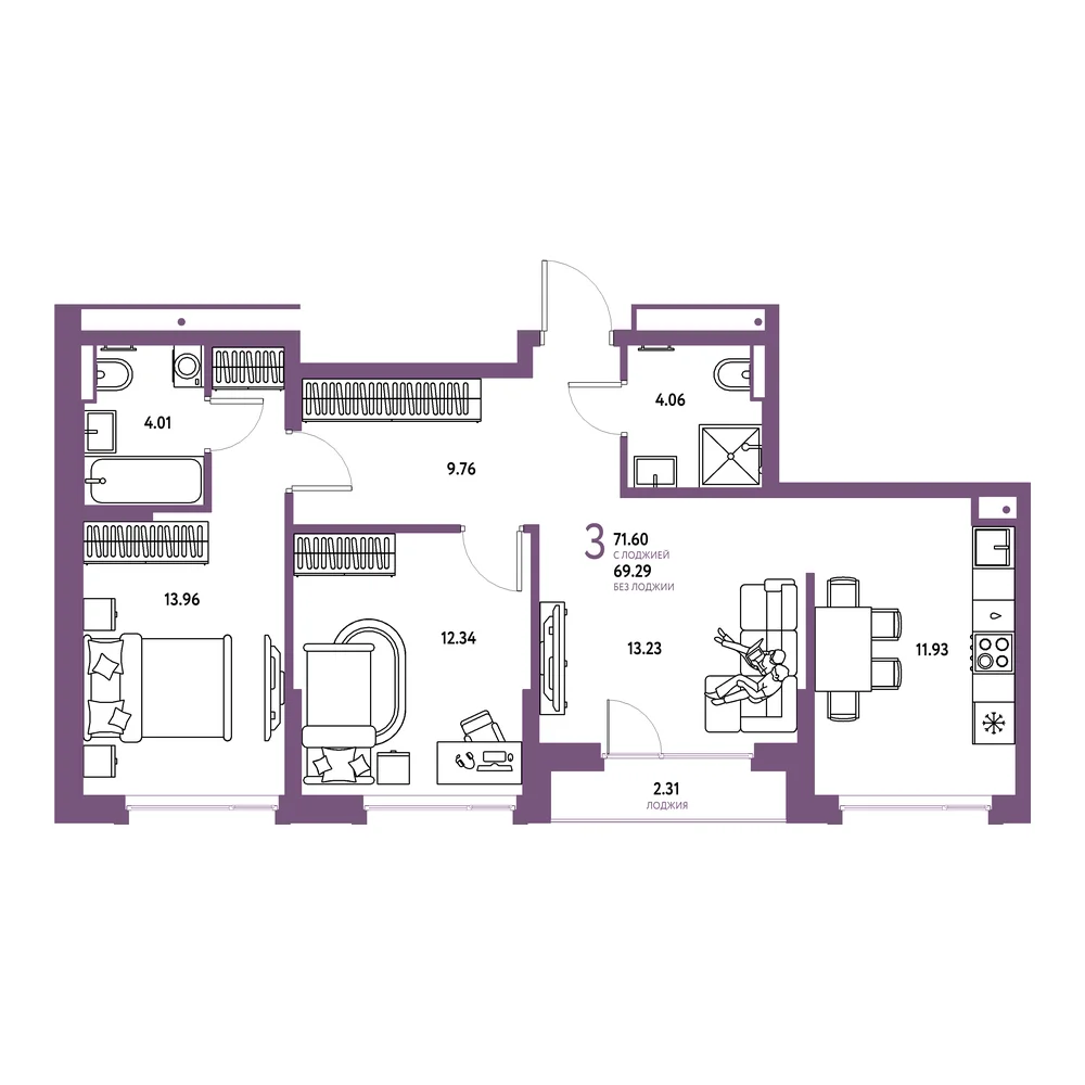 Планировка: Авторский 3-комнатная 71,60м²