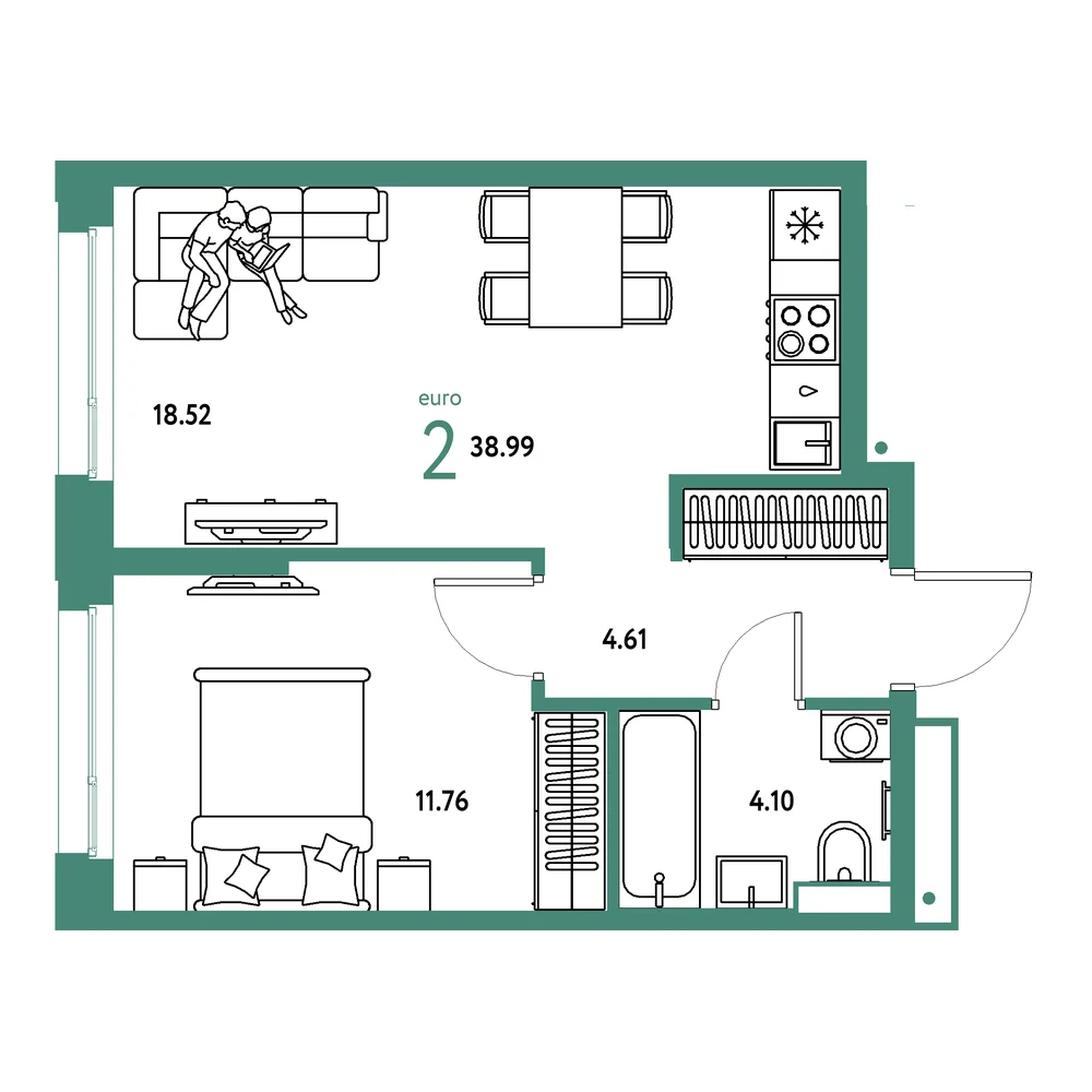 Планировка: Авторский 2-комнатная 38,99м²