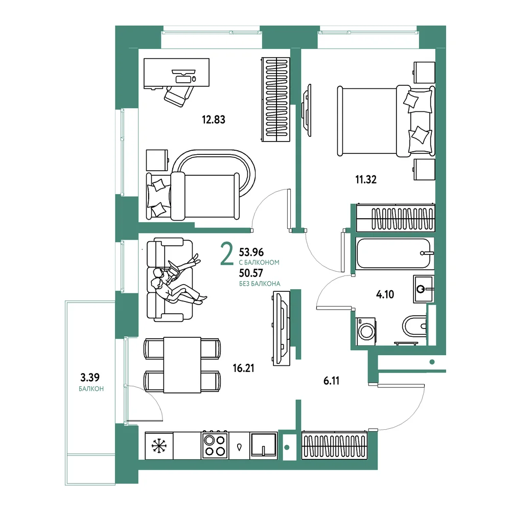 Планировка: Авторский 2-комнатная 53,96м²