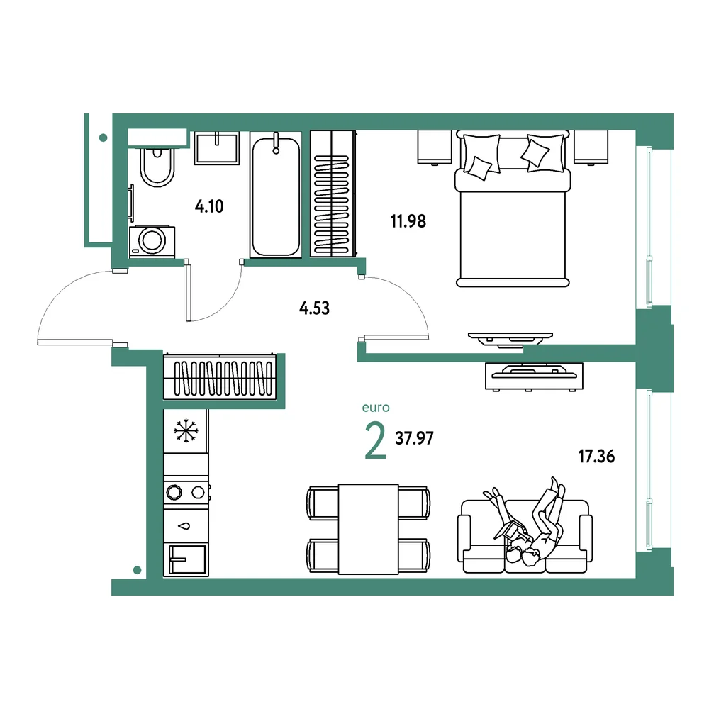 Планировка: Авторский 2-комнатная 37,97м²